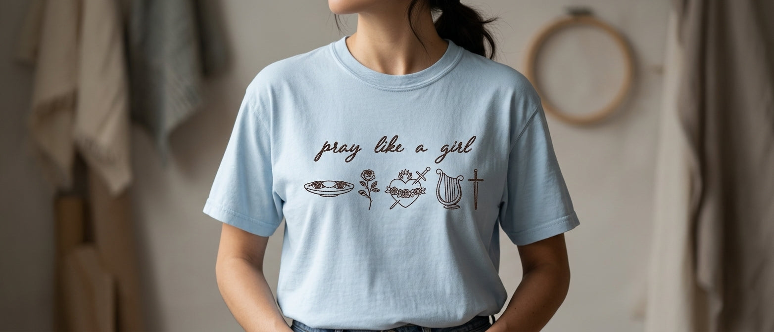 "Pray Like a Girl" Minimalist Embroidered Christian Tee