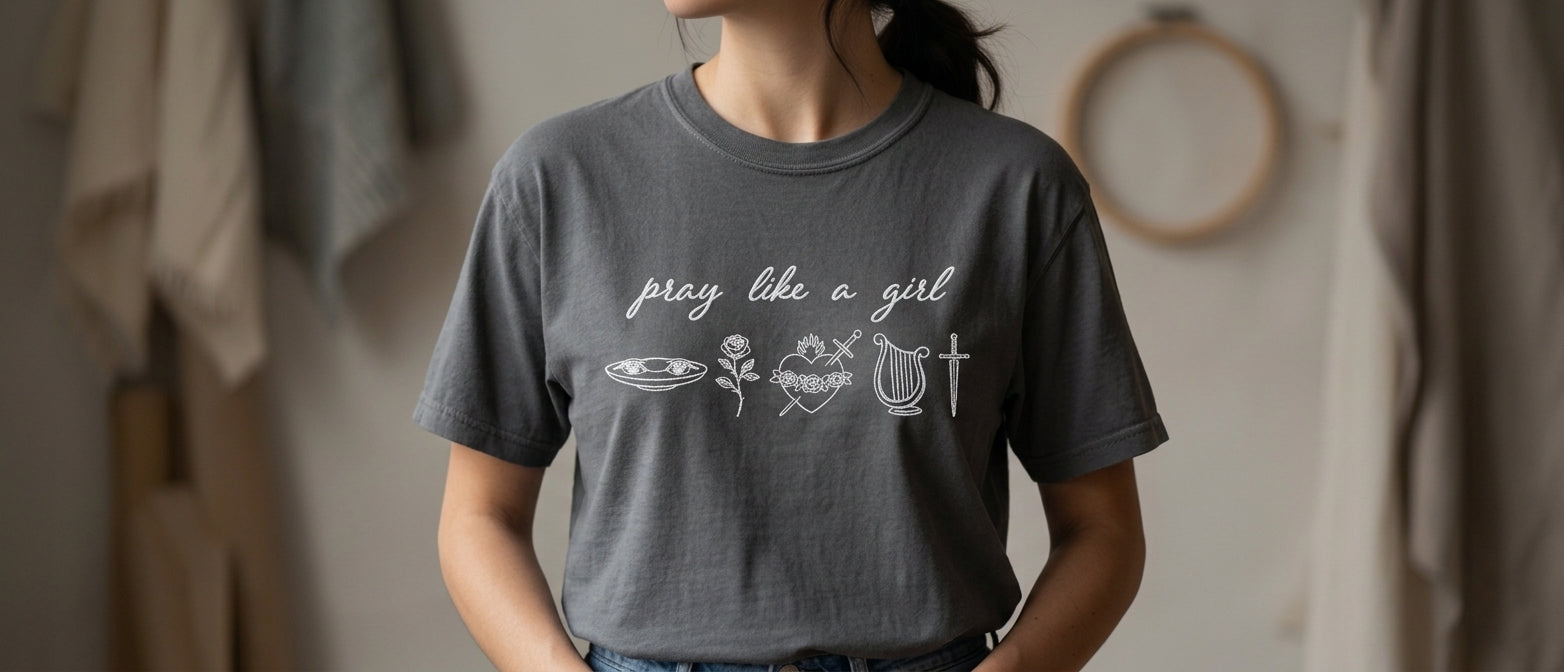 "Pray Like a Girl" Minimalist Embroidered Christian Tee